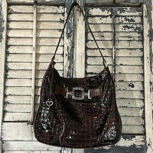 Brighton Patent Crocodile Vintage Croc Embossed Purse Brown Leather Shoulder Bag